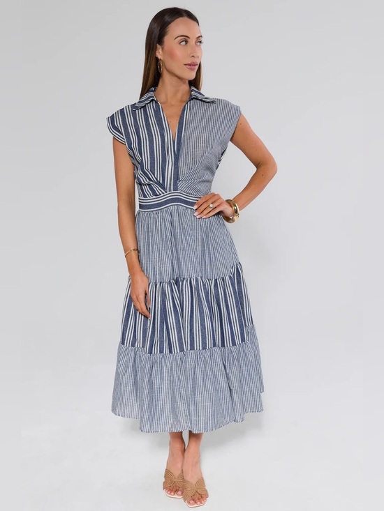 Avara Dresses & Skirts - Avara Anniston Blue Multi Striped Midi Dress size small new with tags